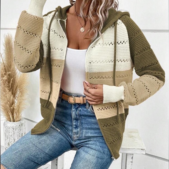 Boho color block zip up drawstring hooded knit sweater - Picture 1 of 5